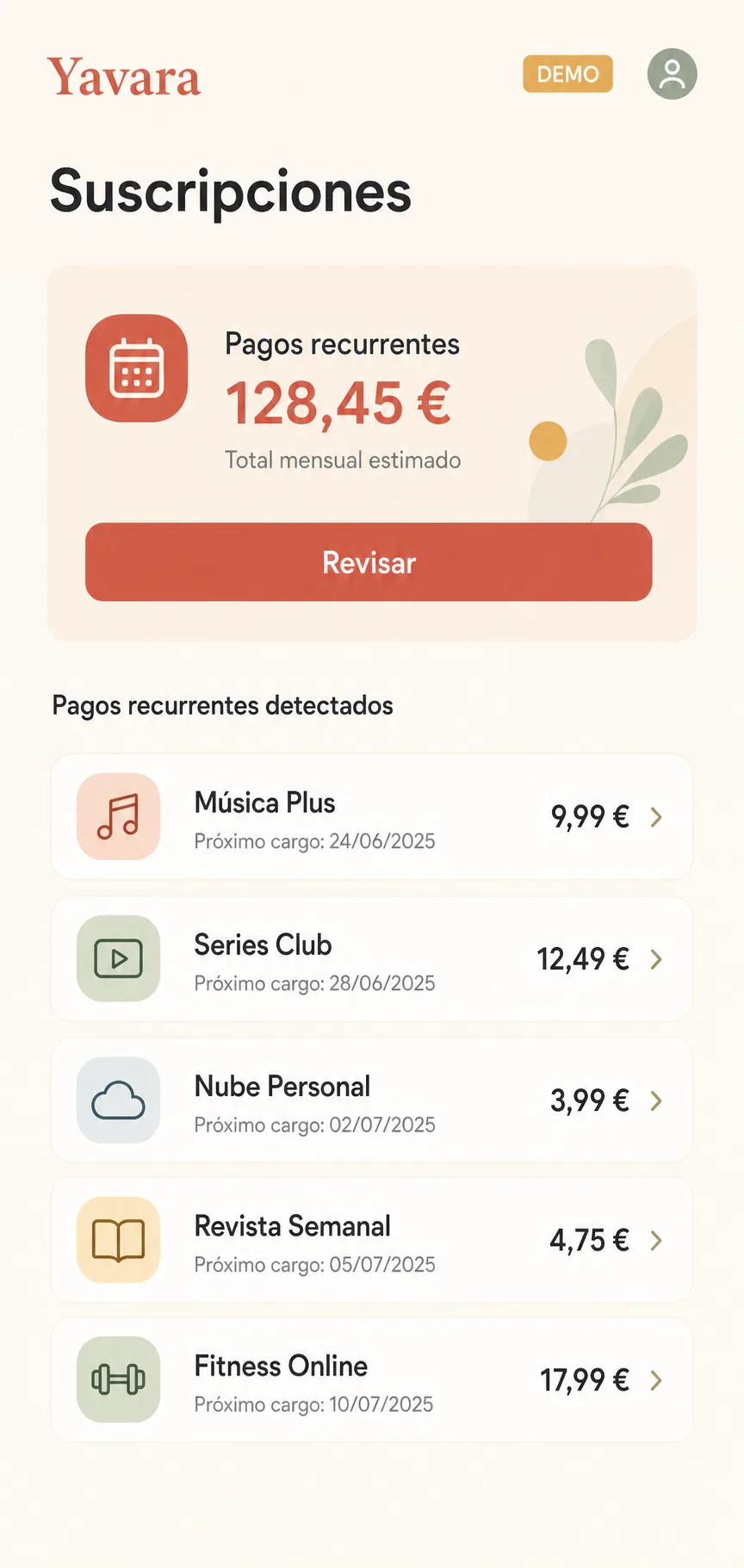 Mockup provisional de Yavara con una lista de suscripciones ficticias detectadas